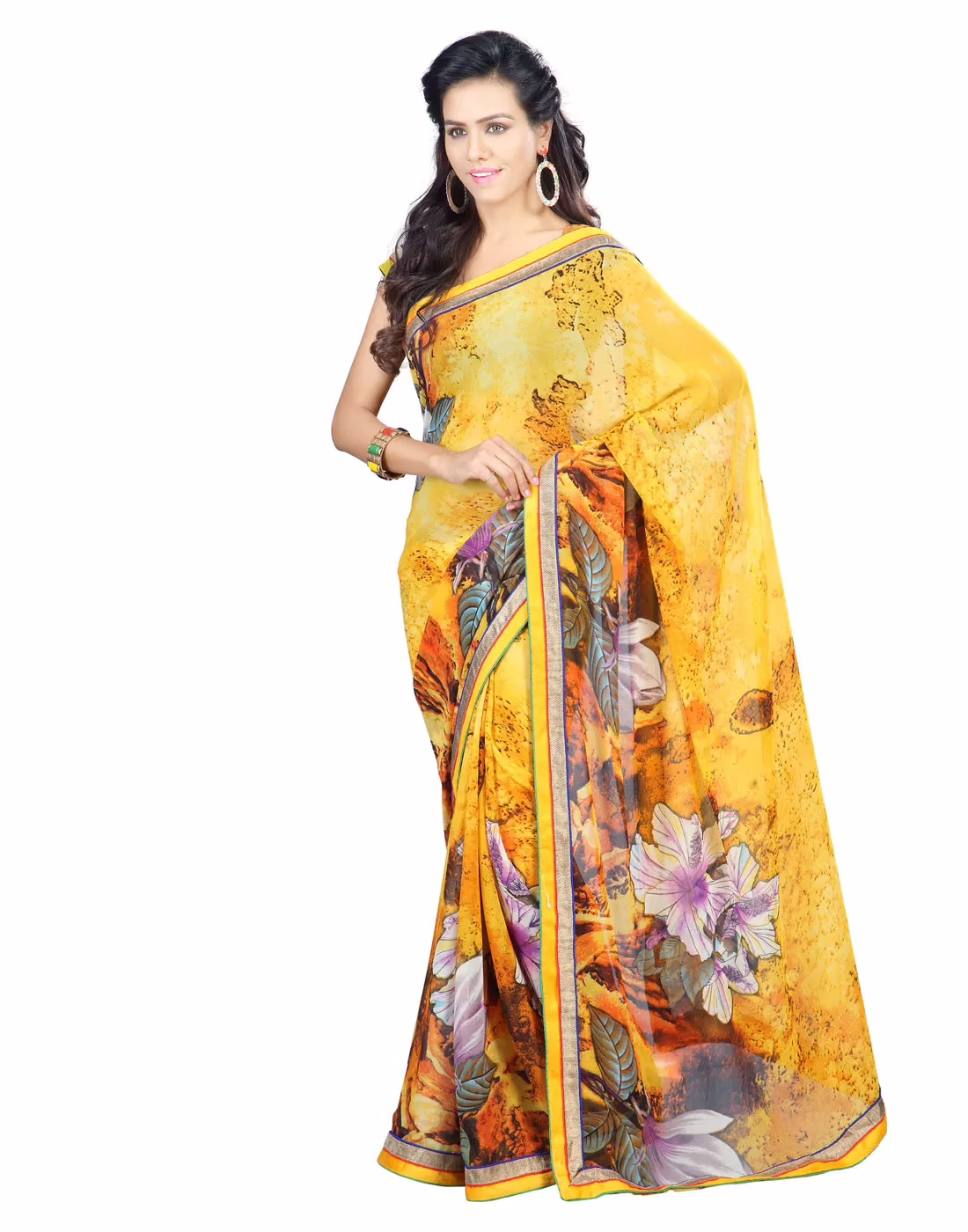 Lookslady Printed Yellow Faux Georgette saree