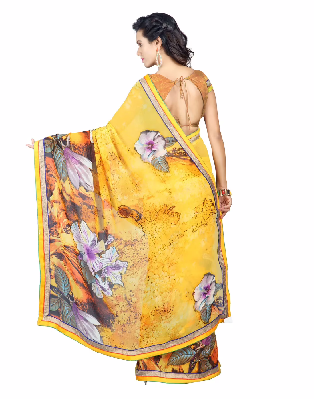 Lookslady Printed Yellow Faux Georgette saree - Image 4