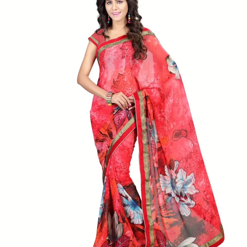 Lookslady Printed Red Faux Georgette saree