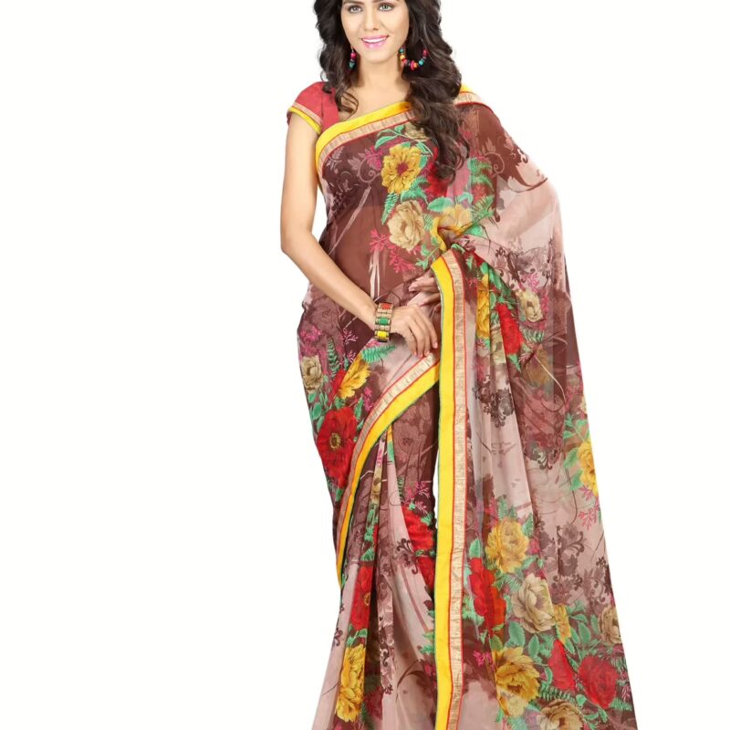 Lookslady Printed Brown Faux Georgette saree