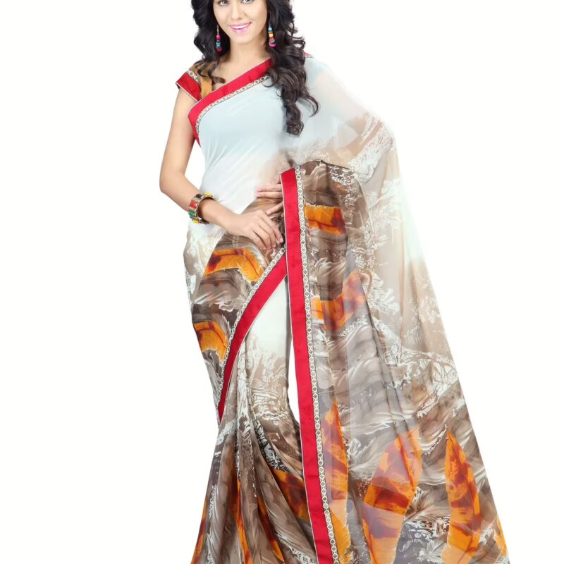 Lookslady Printed Orange Faux Georgette saree