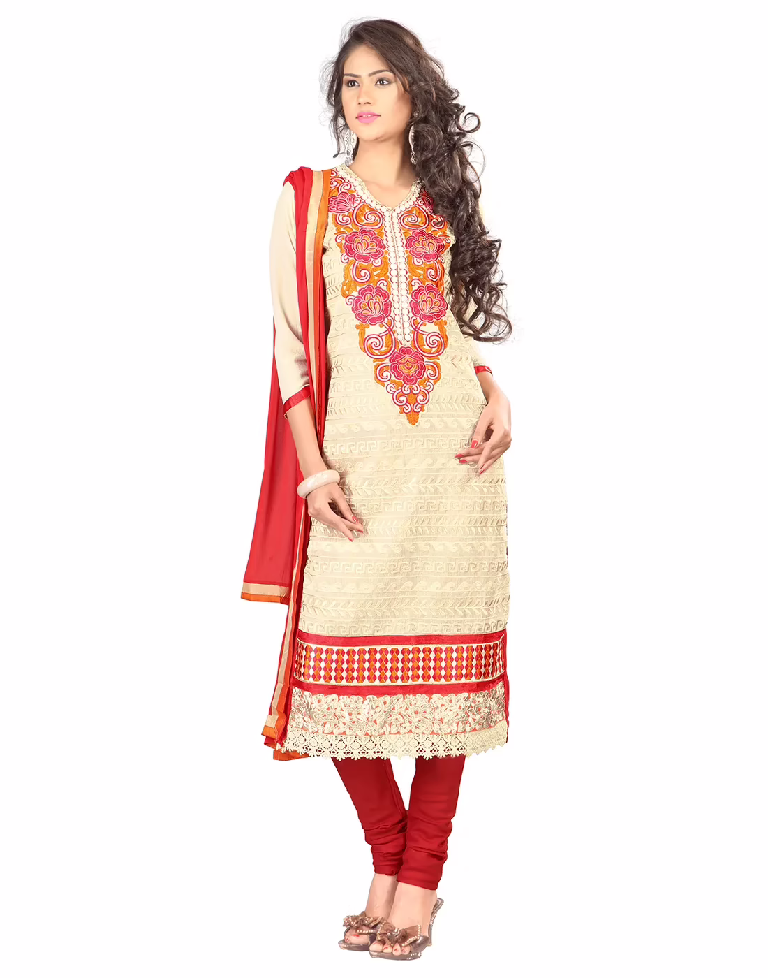 Lookslady Embroidered Beige Chanderi Dress-Material - Image 2