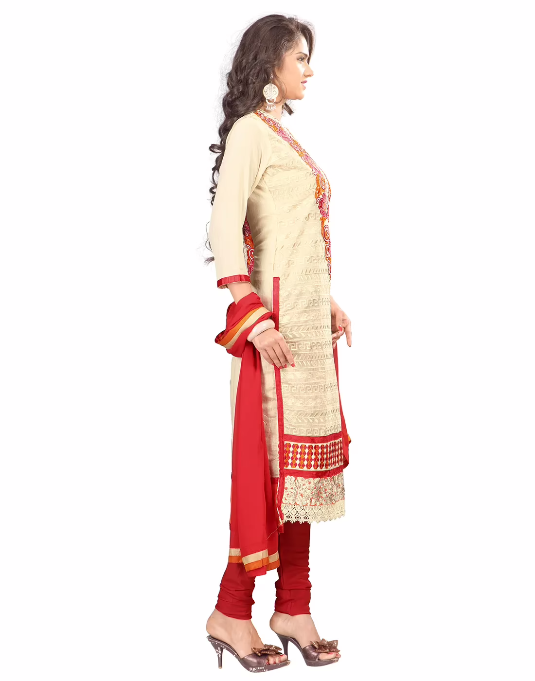 Lookslady Embroidered Beige Chanderi Dress-Material