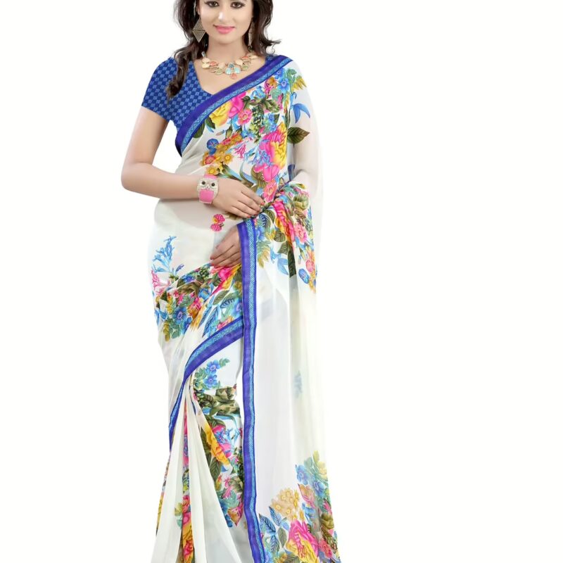 Lookslady Printed White Faux Georgette Saree