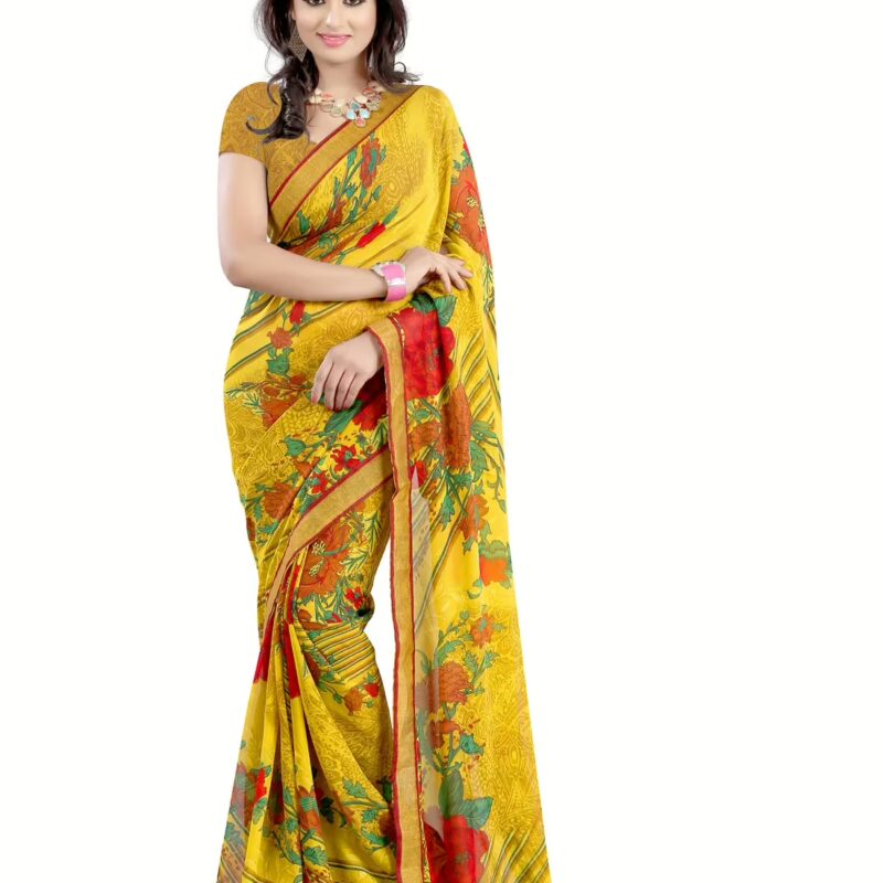 Lookslady Printed Yellow Faux Georgette Saree