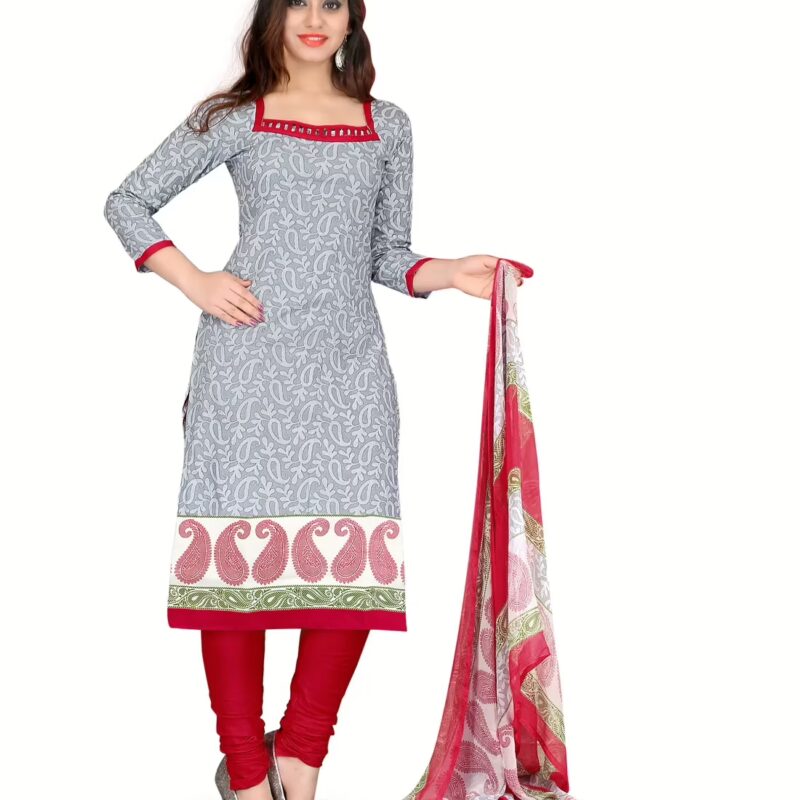 Lookslady Printed Grey Cotton Printed Dress-Material