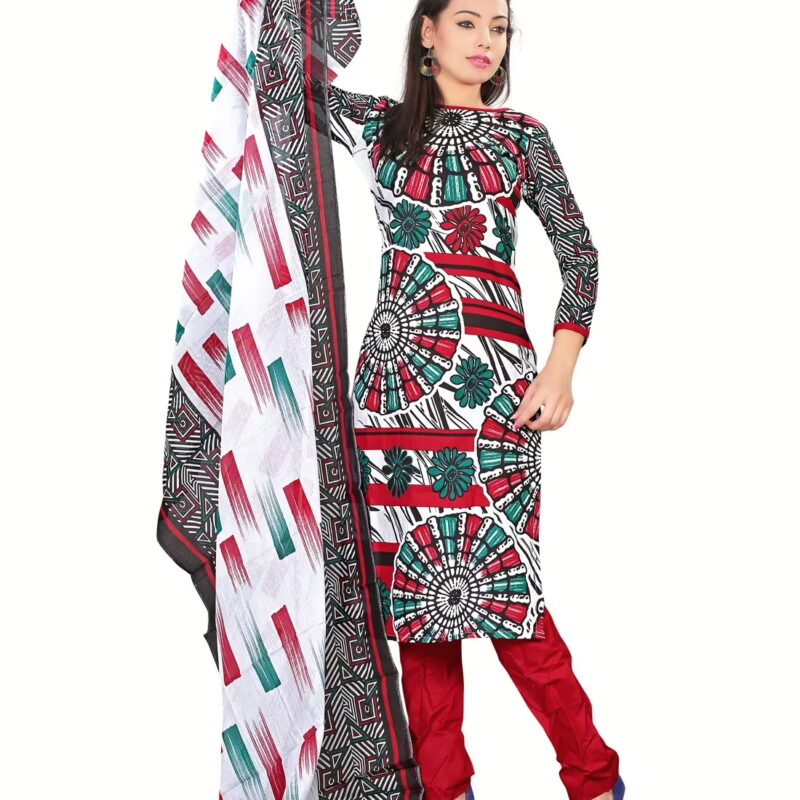 Lookslady Printed White Cotton Dress-Material