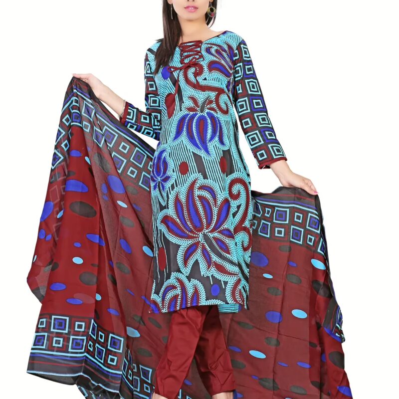 Lookslady Printed Light Blue Cotton Dress-Material