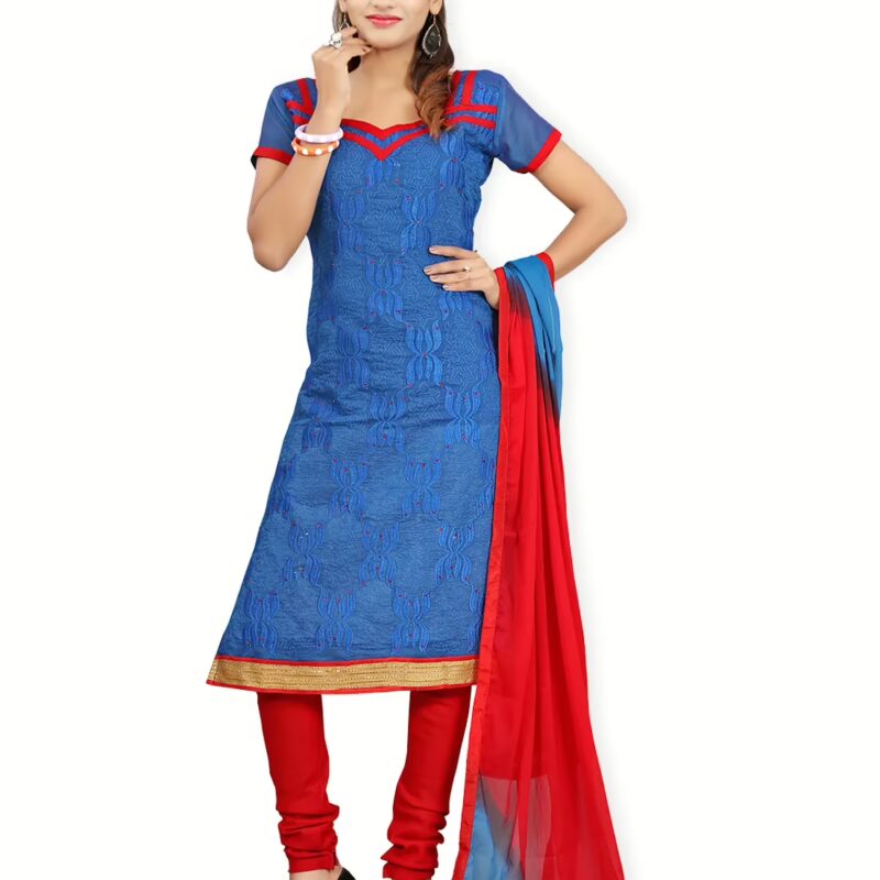 Lookslady Embroidered Blue Cotton Dress-Material
