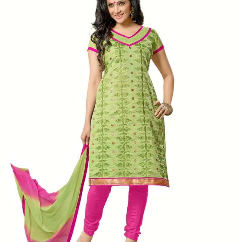 Lookslady Embroidered Green Cotton Dress-Material