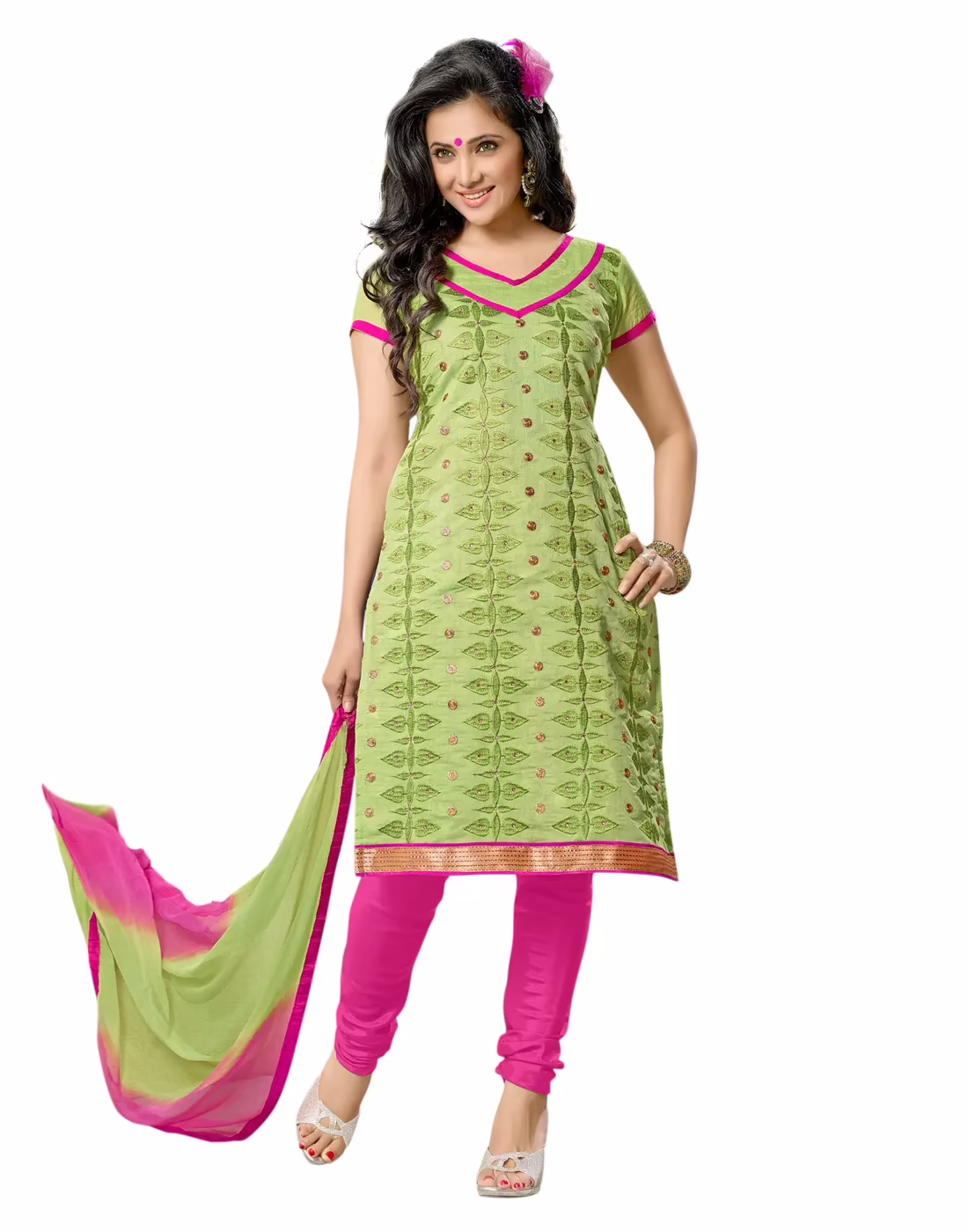 Lookslady Embroidered Green Cotton Dress-Material
