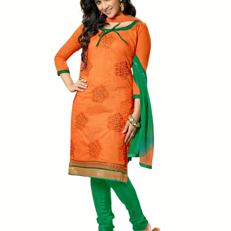 Lookslady Embroidered Orange Cotton Dress-Material