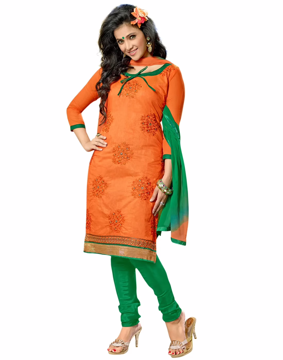Lookslady Embroidered Orange Cotton Dress-Material