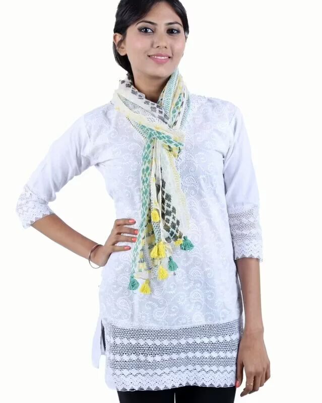Green and Yellow Organic Neon Linen Stole with Tassels for women