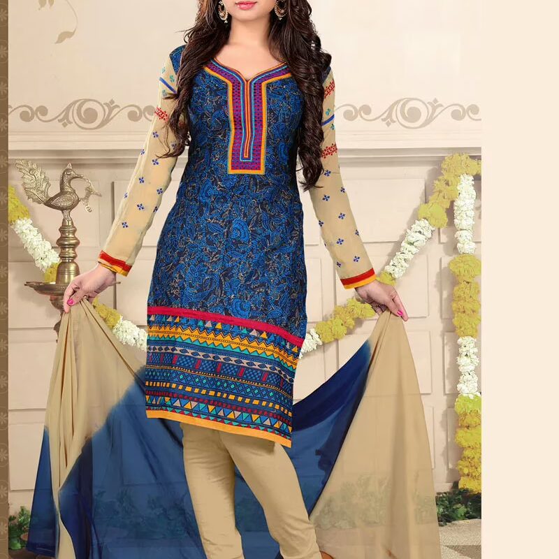 V&V Cotton Blue Printed Churidar Dress Material