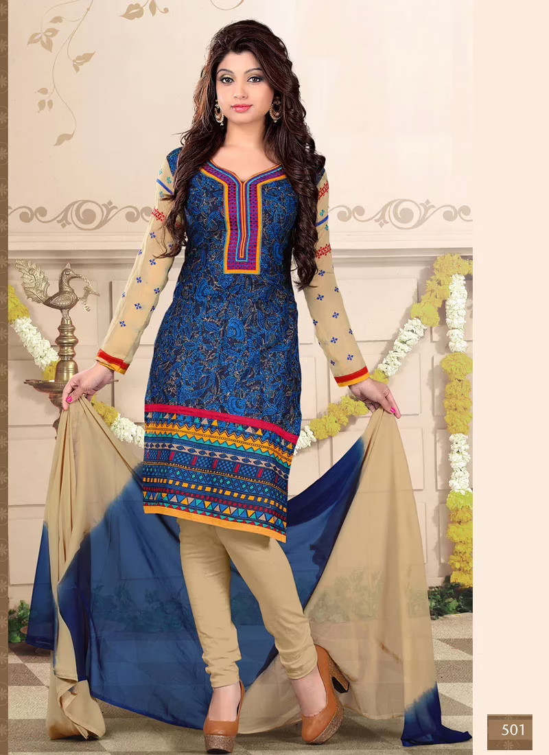 V&V Cotton Blue Printed Churidar Dress Material