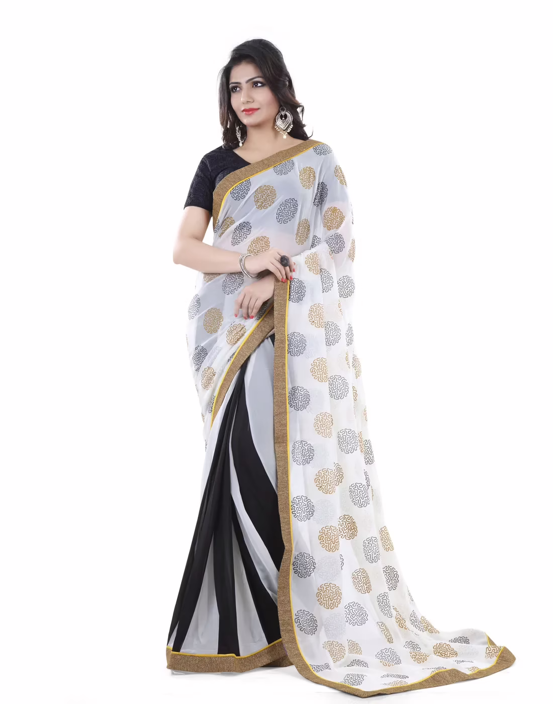 Club Art Decor Designer White And Black Saree with Designer Black Blouse