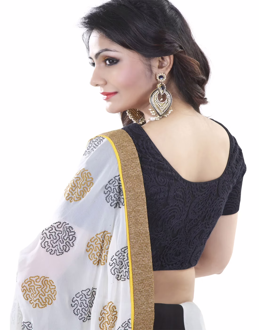 Club Art Decor Designer White And Black Saree with Designer Black Blouse - Image 2