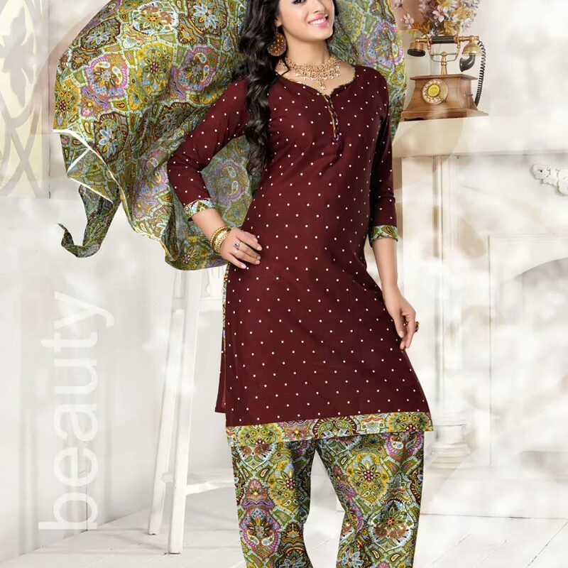 V&V Online Cotton Maroon Dress Material