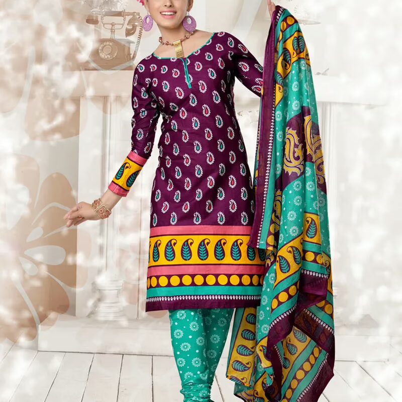 V&V New Cotton Dark Purple Print Dress Material