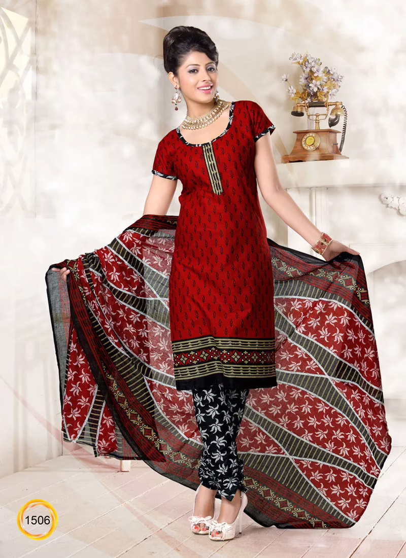 V&V Latest Cotton Red Dress Material