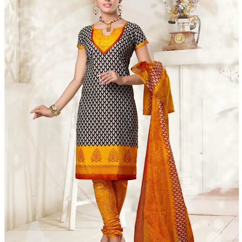 V&V Purchase Cotton Printed Yellow Dress Material