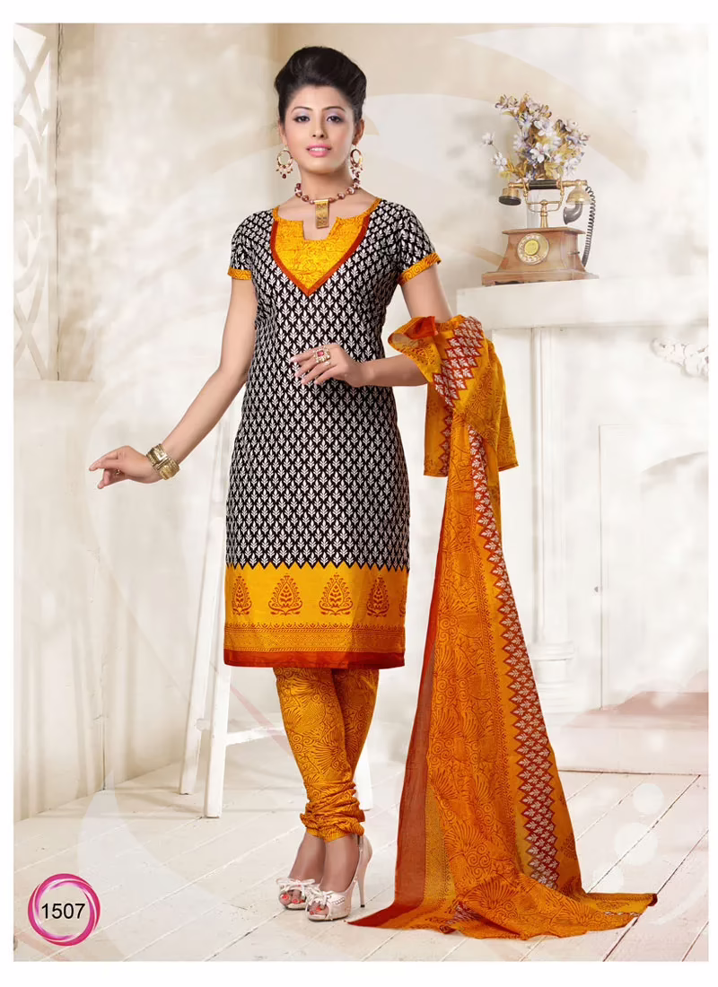 V&V Purchase Cotton Printed Yellow Dress Material