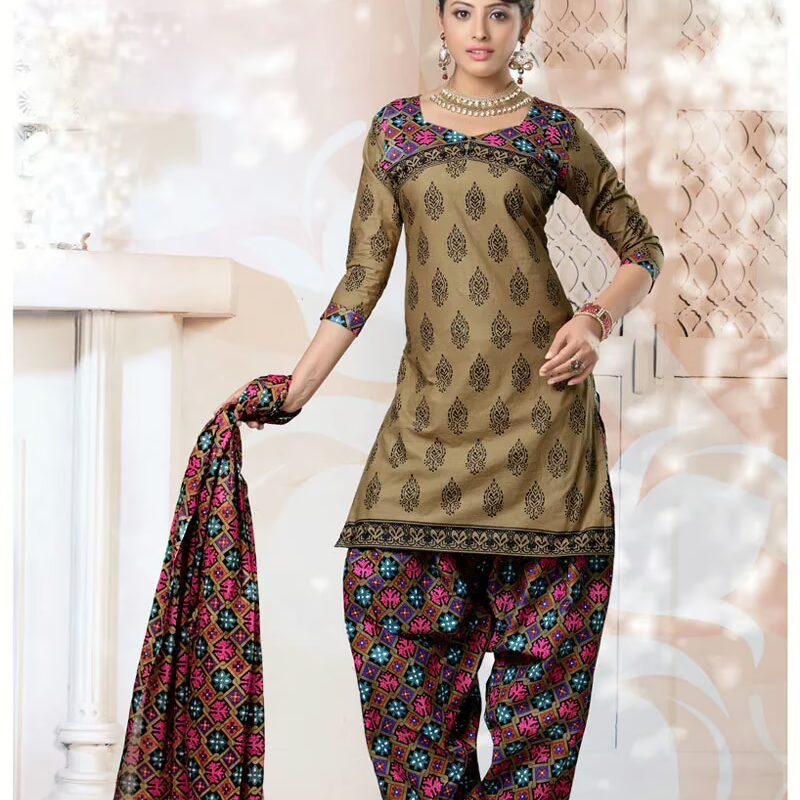 V&V New Cotton Brown Printed Dress Material
