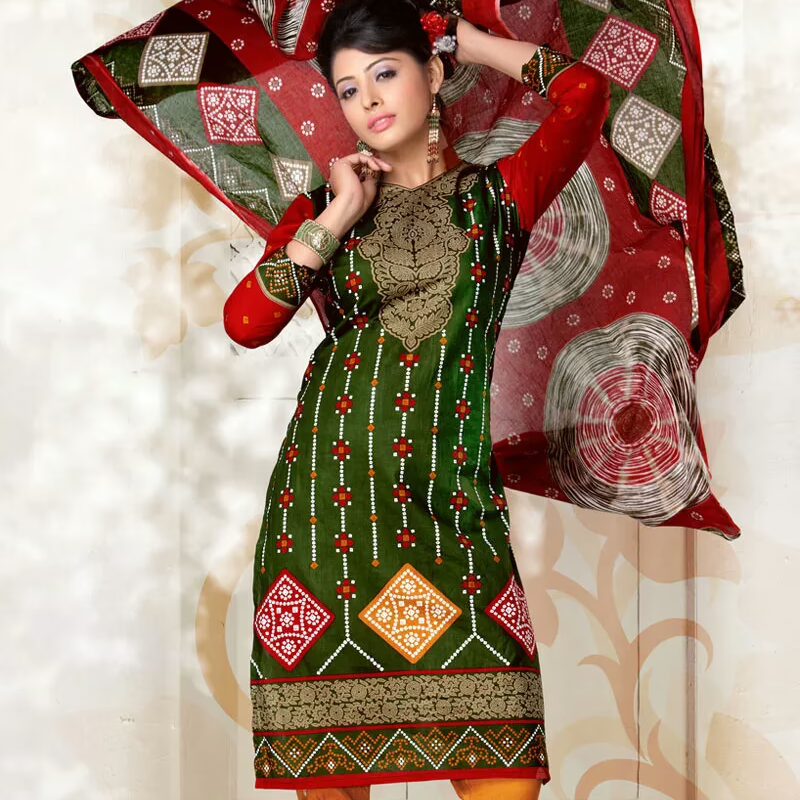 V&V Buy Printed Cotton Green Dress Material