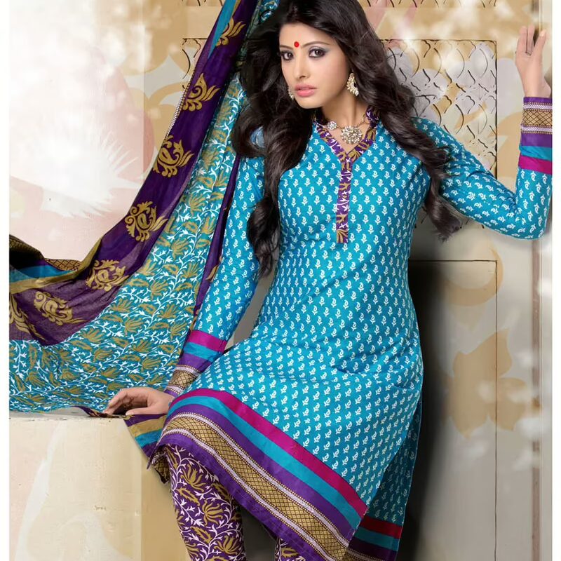 V&V Cotton Sky Blue Dress Material
