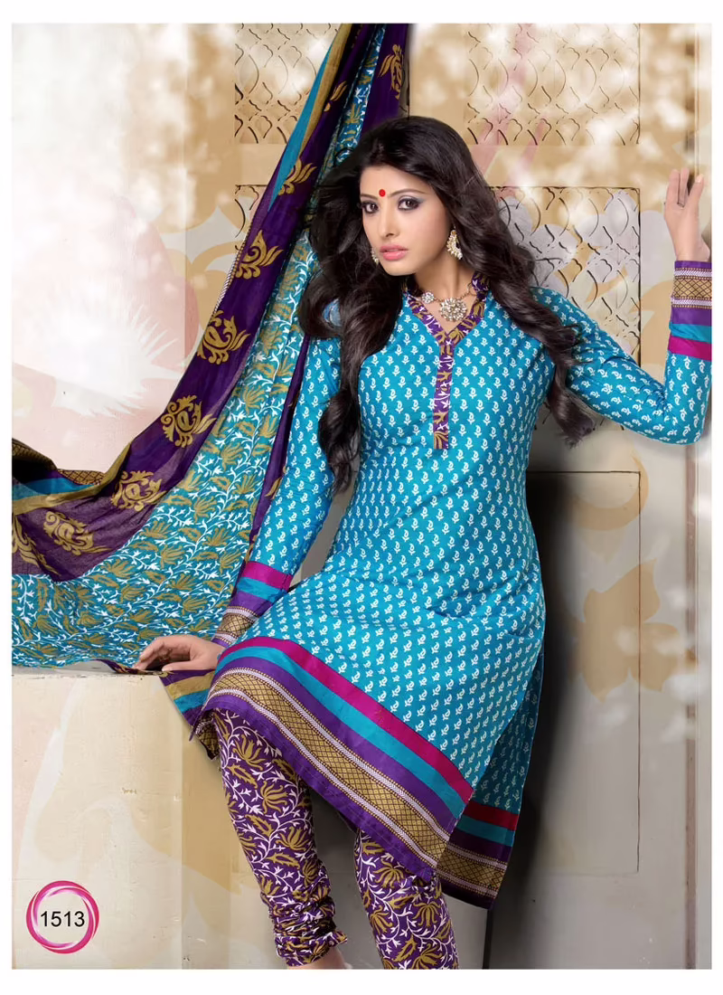 V&V Cotton Sky Blue Dress Material