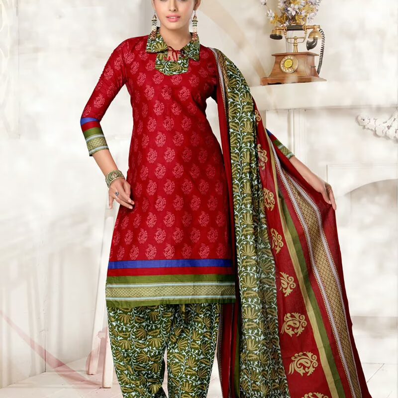V&V Cotton Red Printed Dress Material