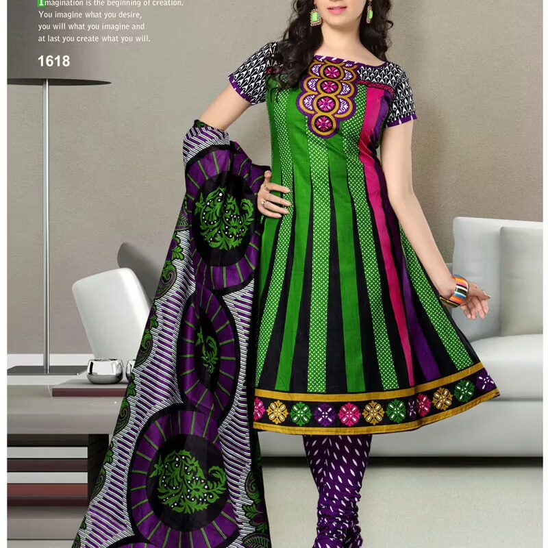V&V Stylish Green Cotton Printed Dress Material