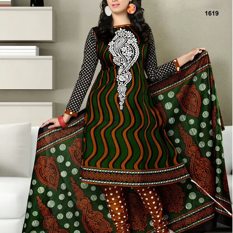 V&V Designer Printed Dark Green Dress Material