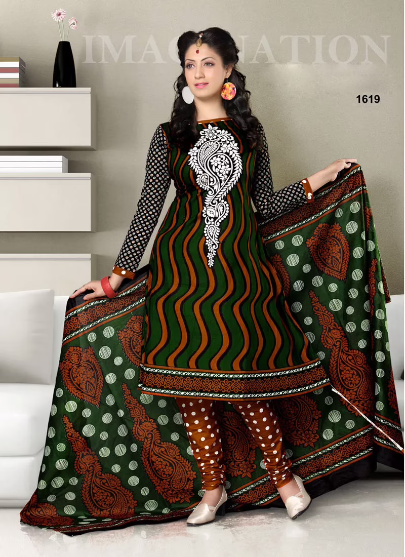V&V Designer Printed Dark Green Dress Material