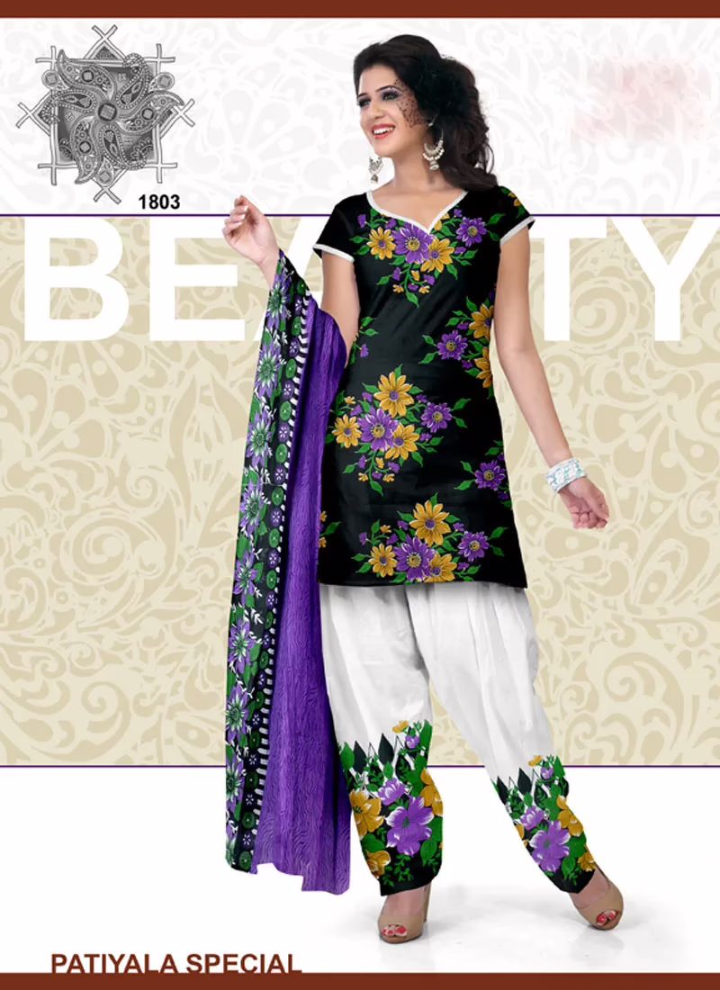 V&V Black Floral Printed Cotton Attractive Dress Material