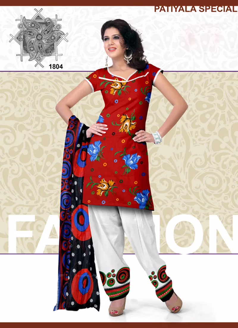 V&V Buy Cotton Printed Red Dress Material