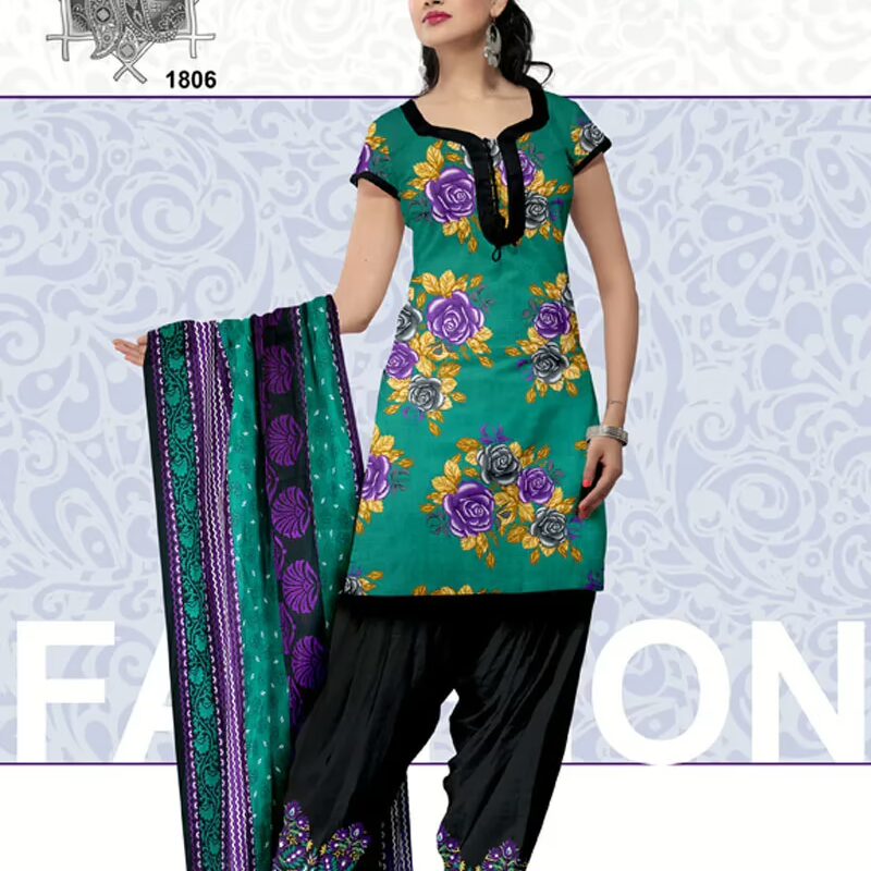 V&V Summer Cool Cotton Printed Rama Green Churidar Dress