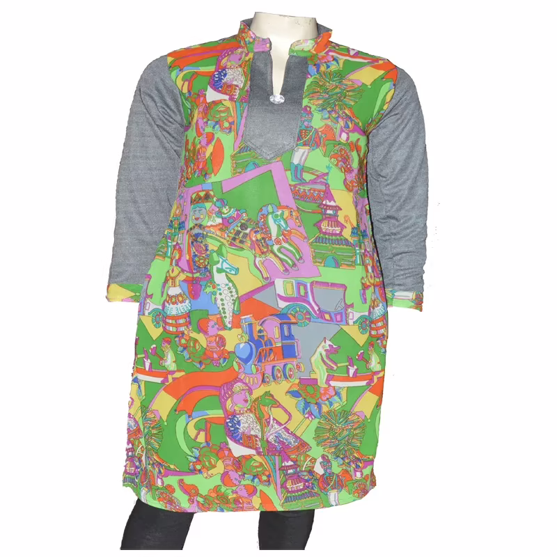 Grey Printed Nehru Collar Woolen Kurti With Warm Legging