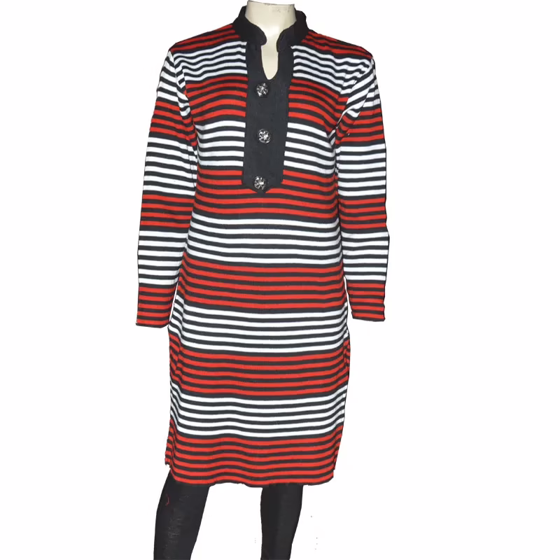 Stylish Multi Stripes Nehru Collar Woollen Kurti With Warm Legging