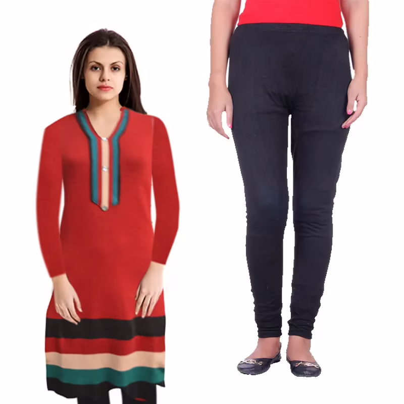 Red Neck Stripes Nehru Collar Woolen Kurti With Free Warm Legging