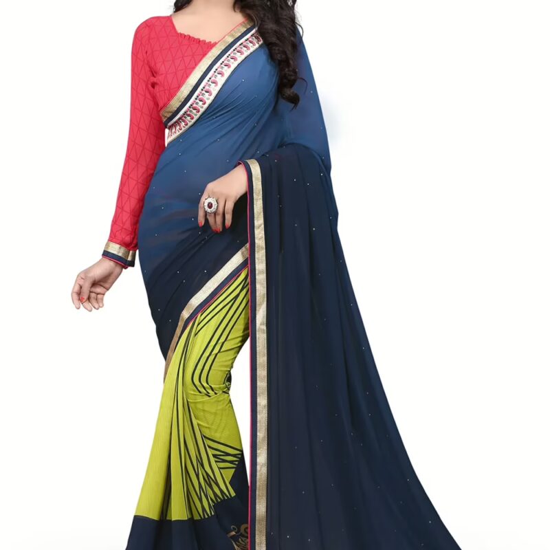 Blue & Green Printed Occation Wear Saree With Matching Blouse Piec