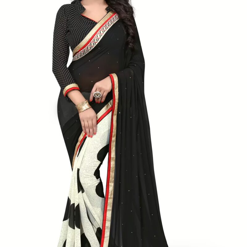 Black & White Printed Occation Wear Saree With Matching Blouse Piece