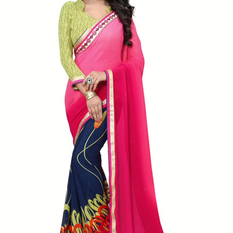 Peach & Blue Printed Occation Wear Saree With Matching Blouse Piece