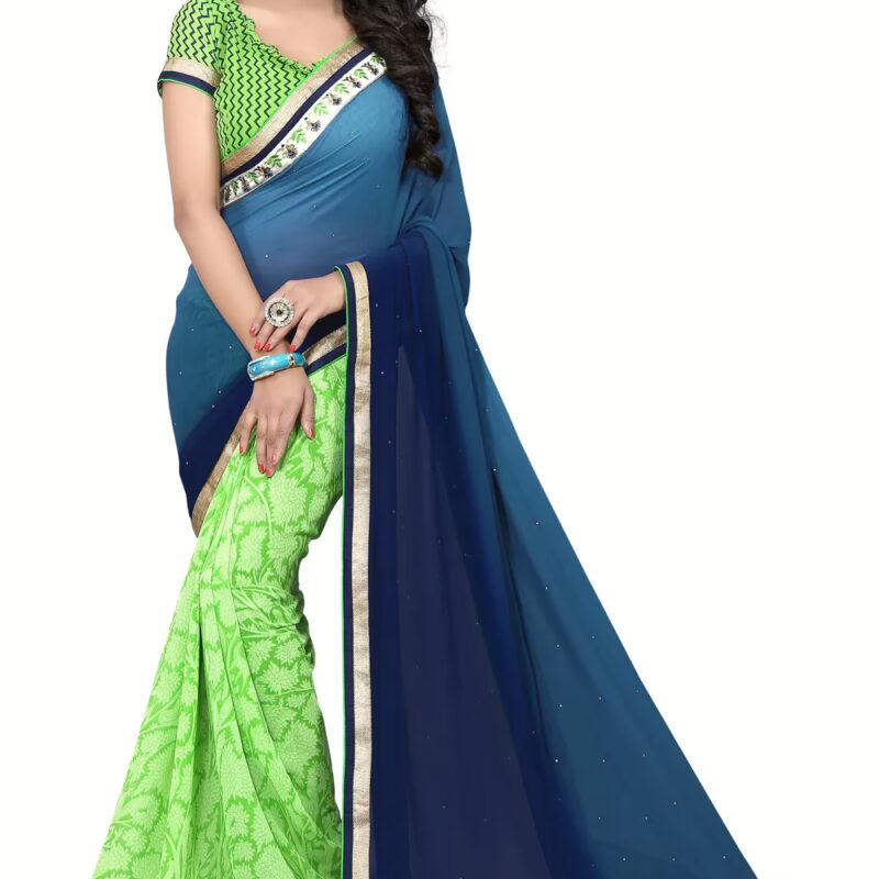 Blue & Green Printed Occation Wear Saree With Matching Blouse Piece