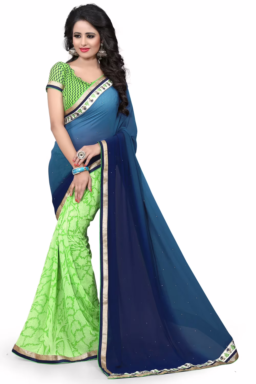 Blue & Green Printed Occation Wear Saree With Matching Blouse Piece