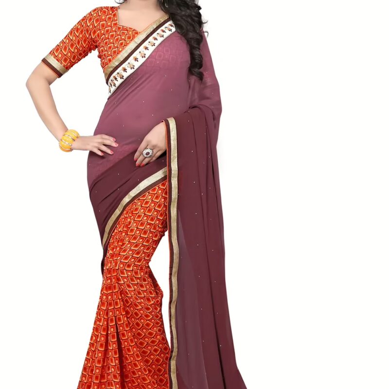 Brown & Orange Printed Occation Wear Saree With Matching Blouse Piece