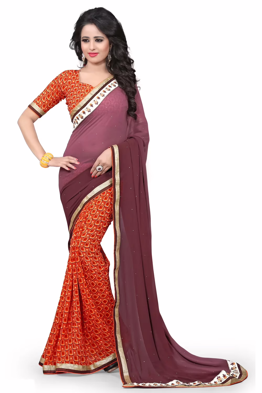 Brown & Orange Printed Occation Wear Saree With Matching Blouse Piece