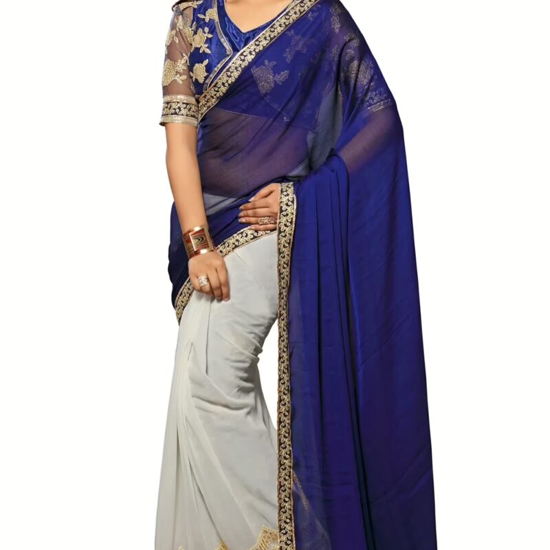 Akriti Blue & White Traditional Saree With Matching Blouse Piece
