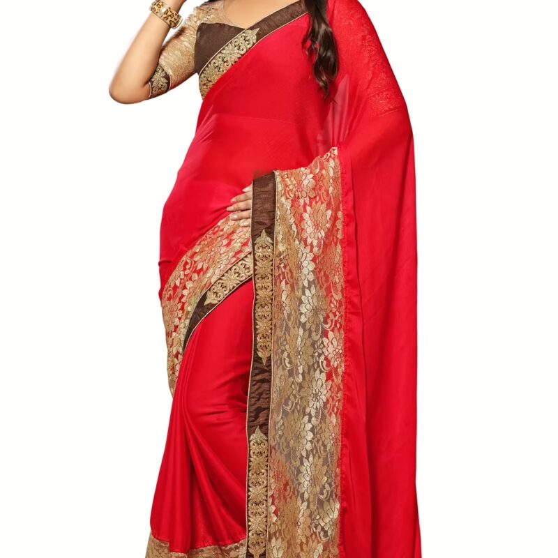 Akriti Red & Brown Traditional Saree With Matching Blouse Piece